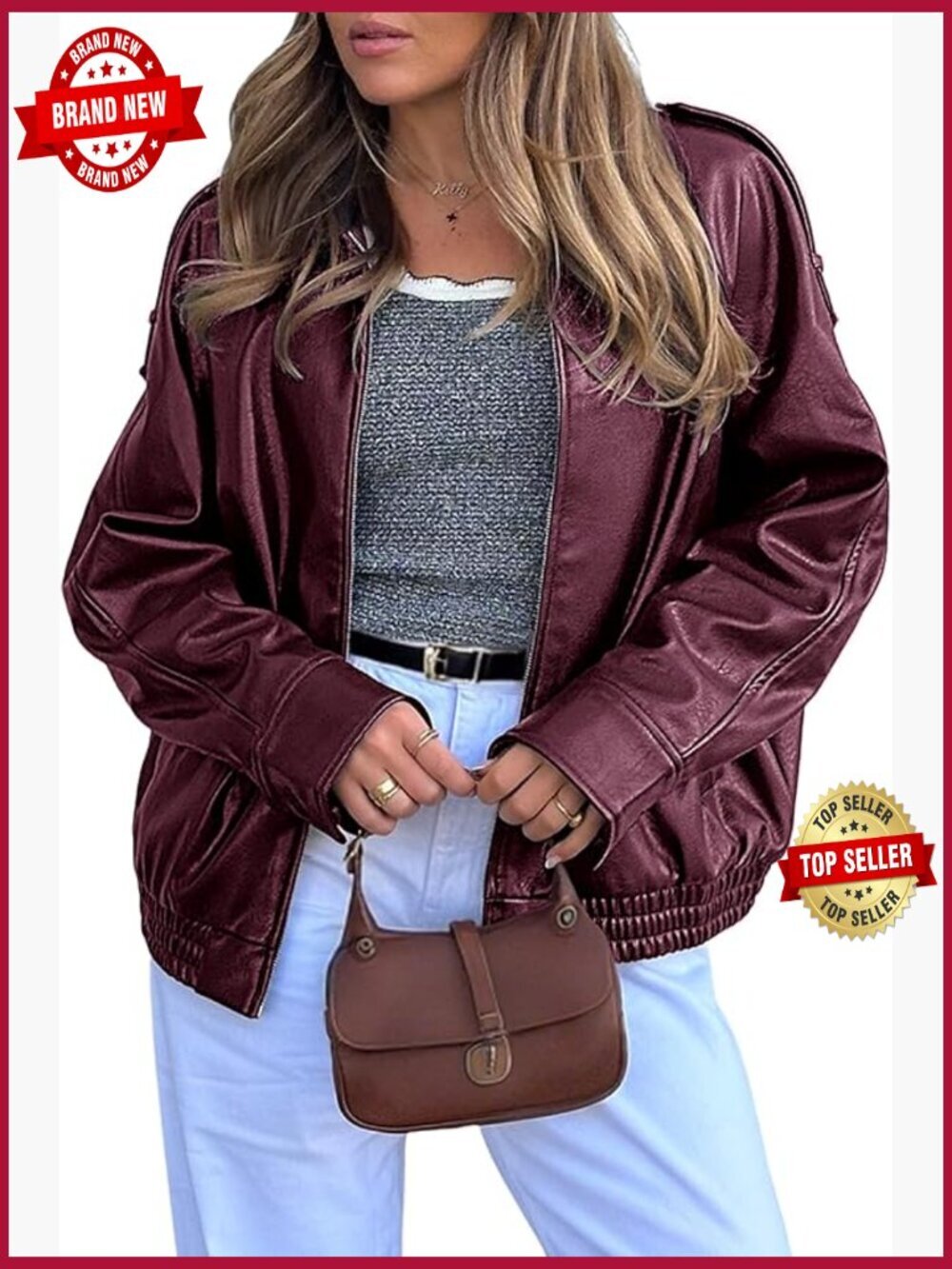 Oversized Faux Leather Motorcycle Bomber Jacket Women Zip Up Fall Coat